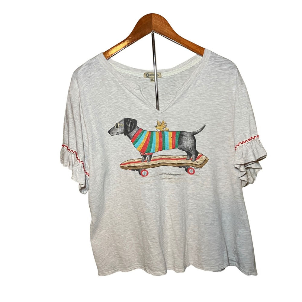 Democracy Graphic Tee Womens 1X Gray  Skateboard Dachshund Ruffle Sleeve Quirky